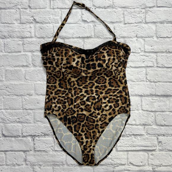 Newport News One Piece Swimsuit Size 14 Bandeau Leopard Sequin Halter - Picture 2 of 9